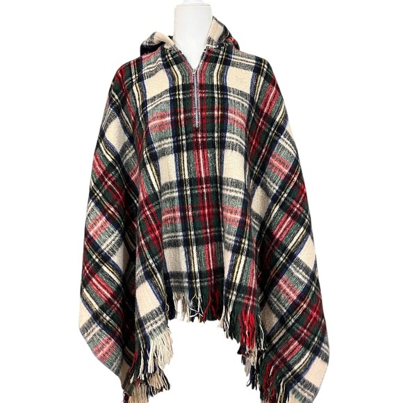 Jackets & Blazers - Vintage Plaid‎ Hooded Poncho Cape Fringe Zip Front Made in Colombia